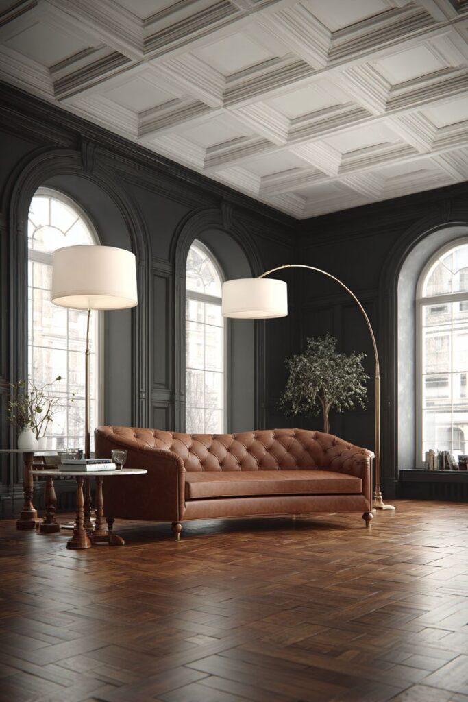 Curved Cognac Leather Statement with Coffered Ceiling Contrast