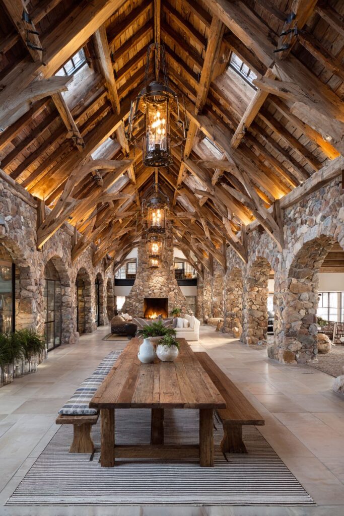 Vaulted Ceiling with Cedar Trusses and Stone Fireplace