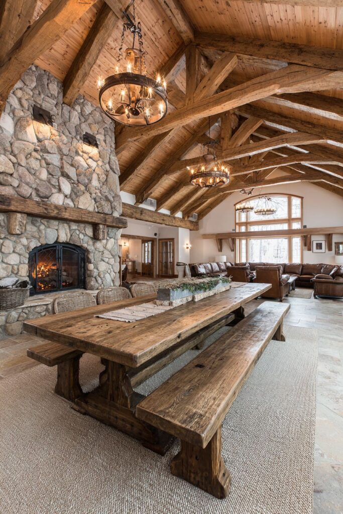 Vaulted Ceiling with Cedar Trusses and Stone Fireplace