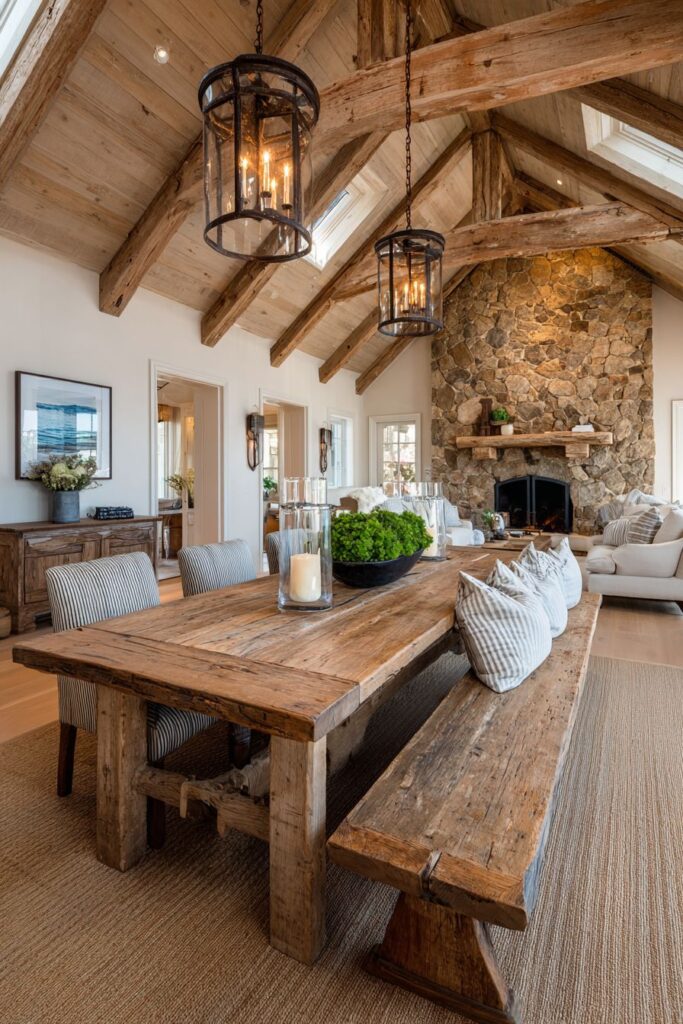 Vaulted Ceiling with Cedar Trusses and Stone Fireplace