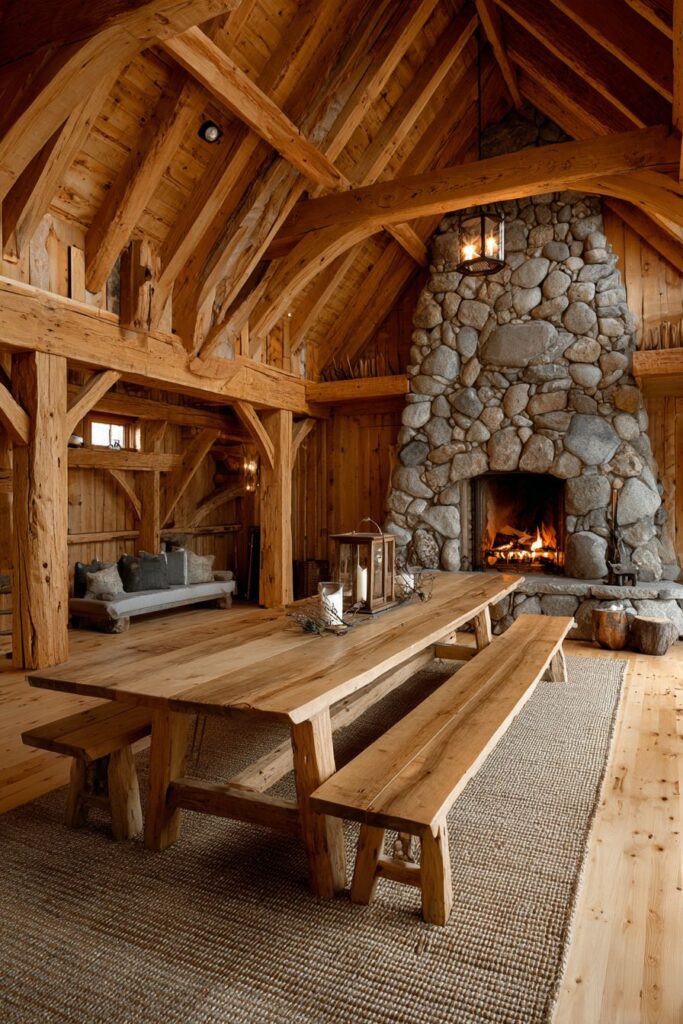 Vaulted Ceiling with Cedar Trusses and Stone Fireplace