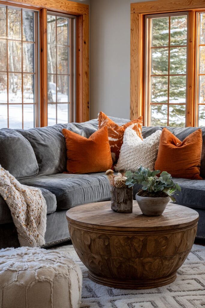 Grey Sectional with Orange Accents