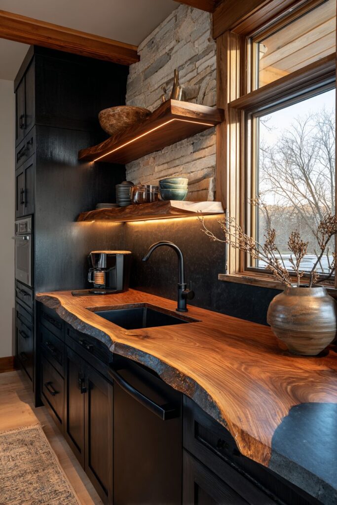 Rustic Modern Distressed Finishes with Live-edge Countertops