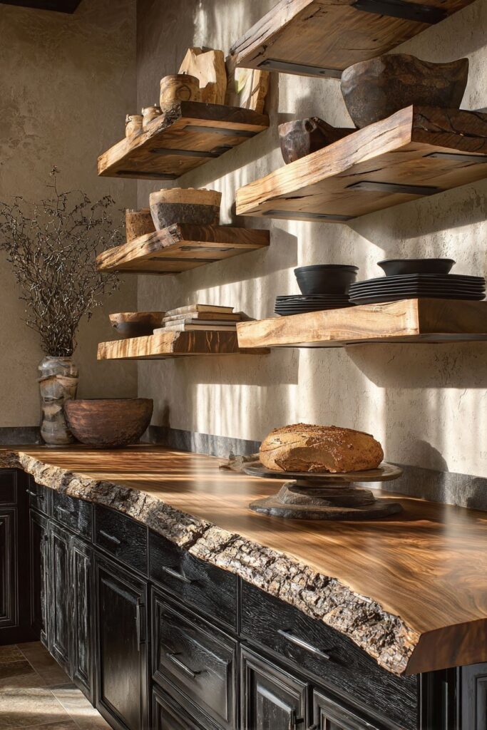 Rustic Modern Distressed Finishes with Live-edge Countertops