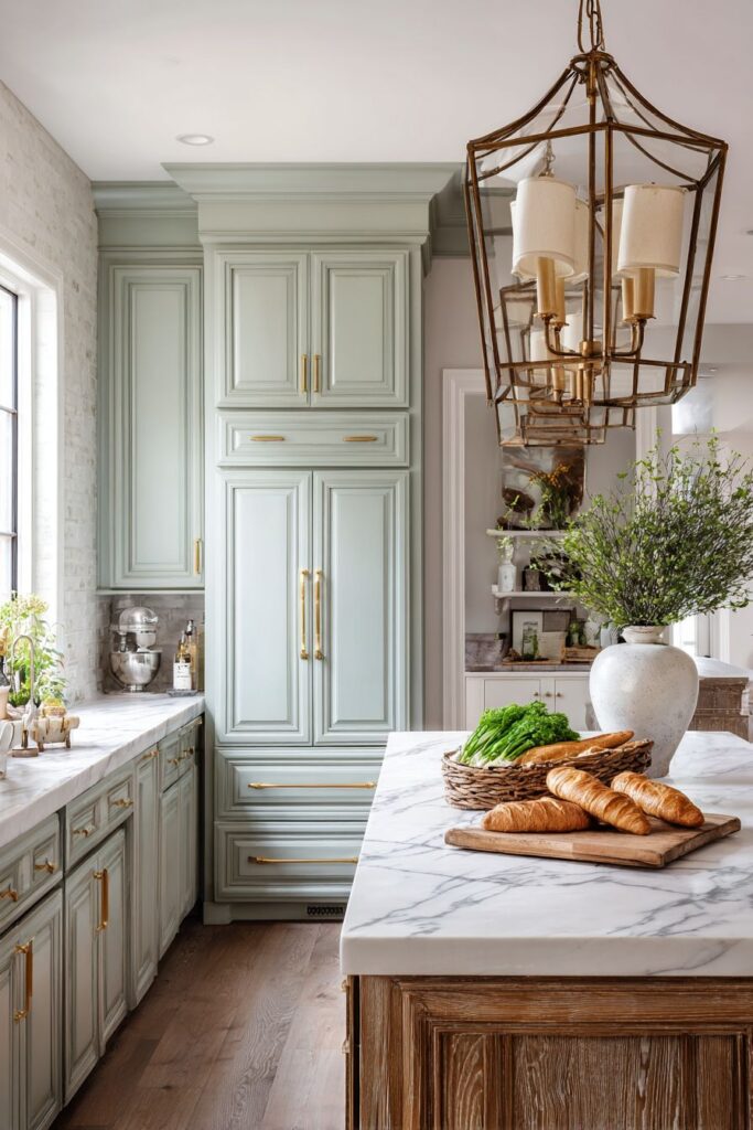 Vintage Chandelier Over Carrara Marble Island