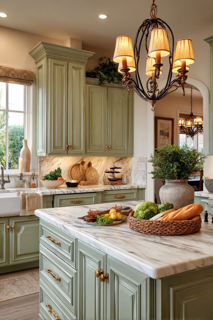 Vintage Chandelier Over Carrara Marble Island