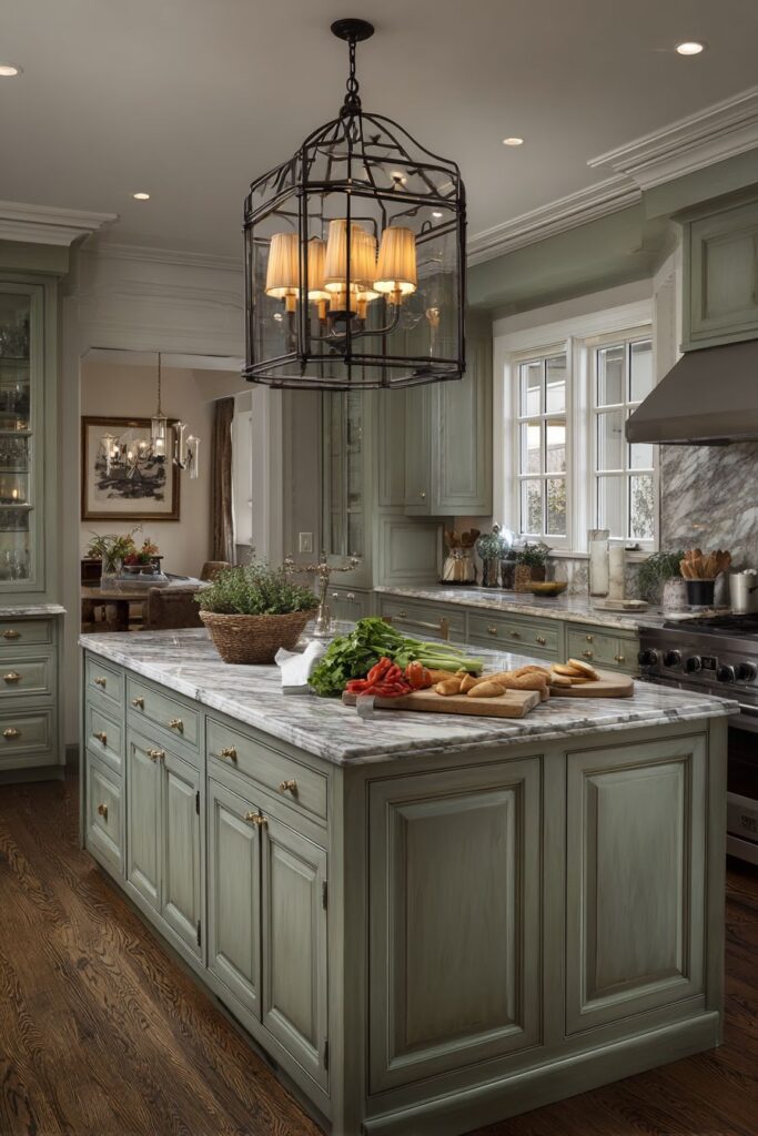 Vintage Chandelier Over Carrara Marble Island