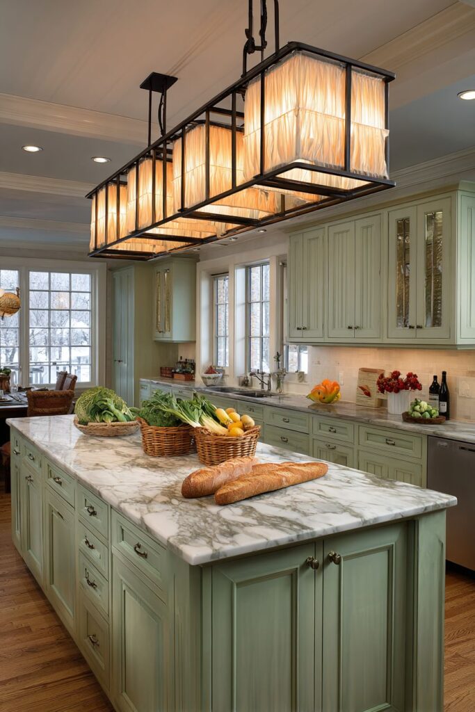 Vintage Chandelier Over Carrara Marble Island