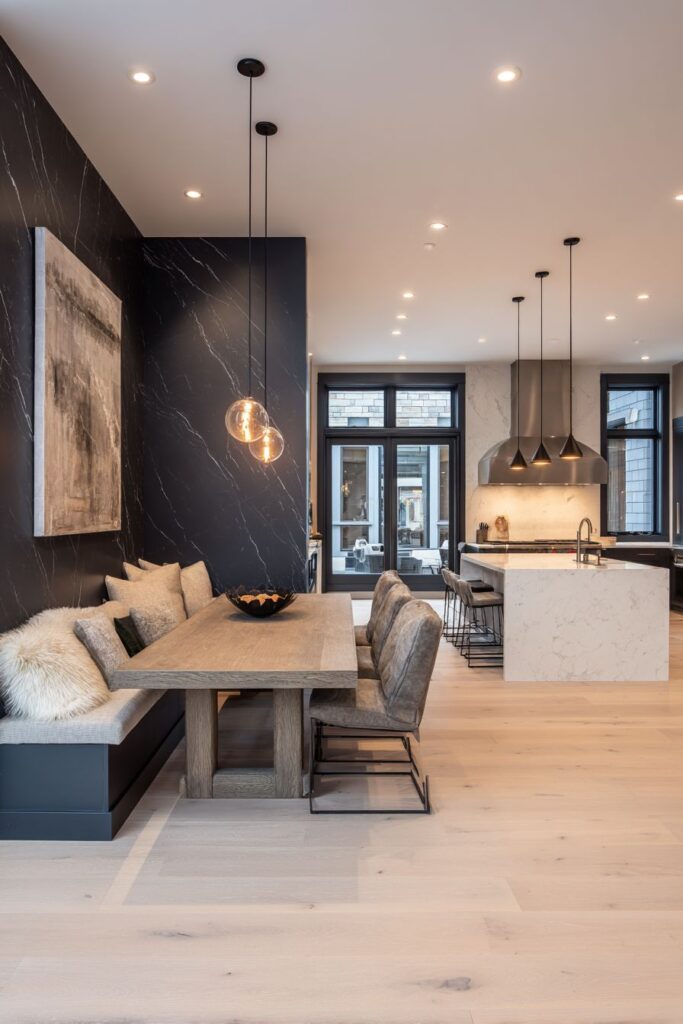 Statement Range Hood with Banquette Seating Integration