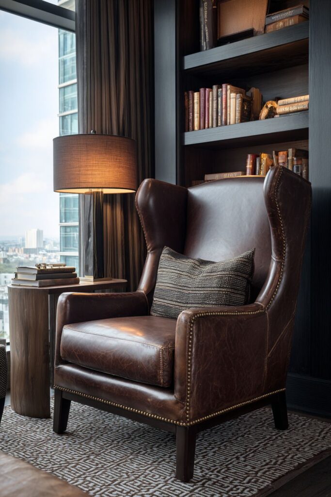 Cozy Reading Nook with Brown Leather Wingback Character