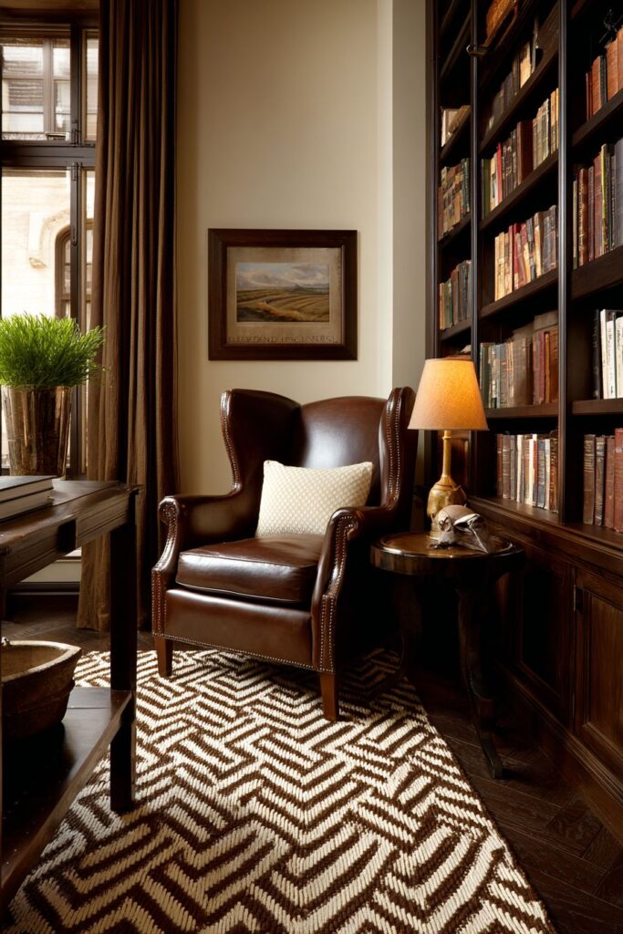 Cozy Reading Nook with Brown Leather Wingback Character