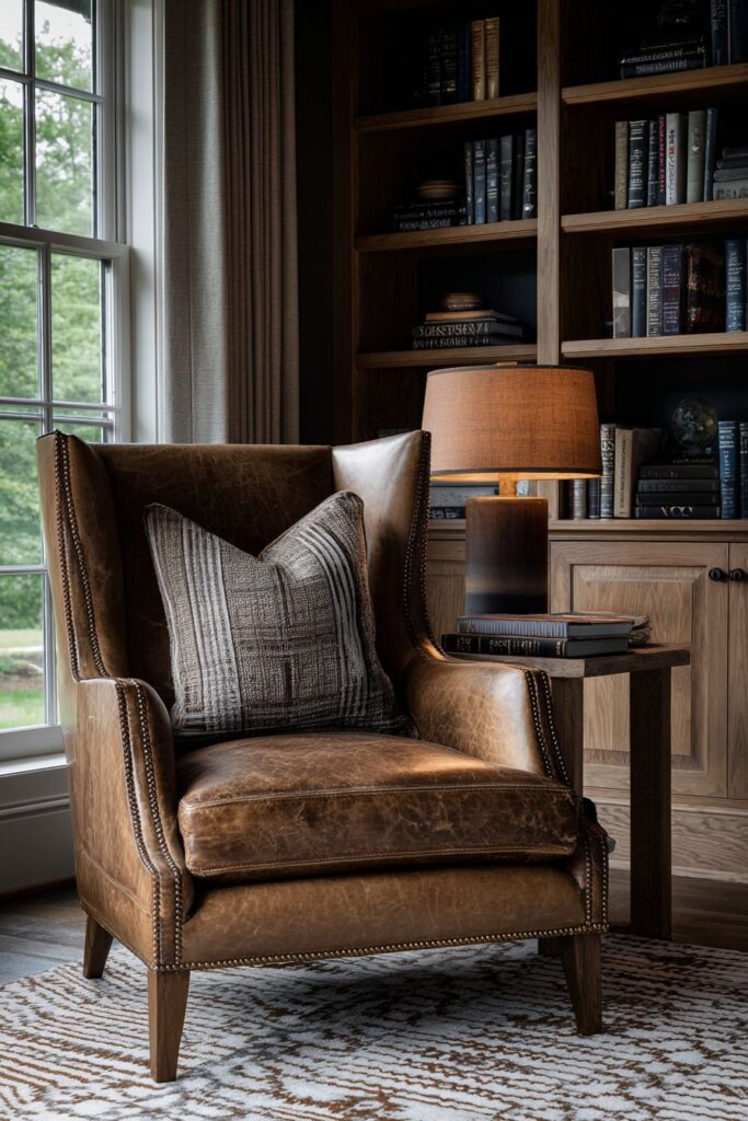 Cozy Reading Nook with Brown Leather Wingback Character