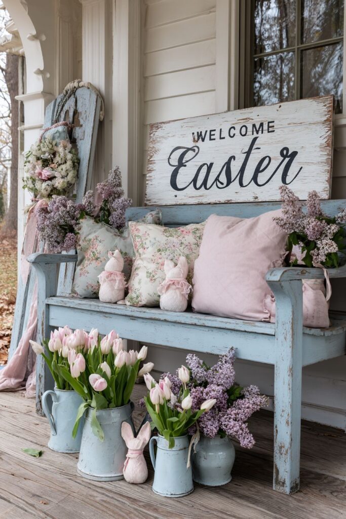 Vintage Blue Bench with Lilac Bouquets