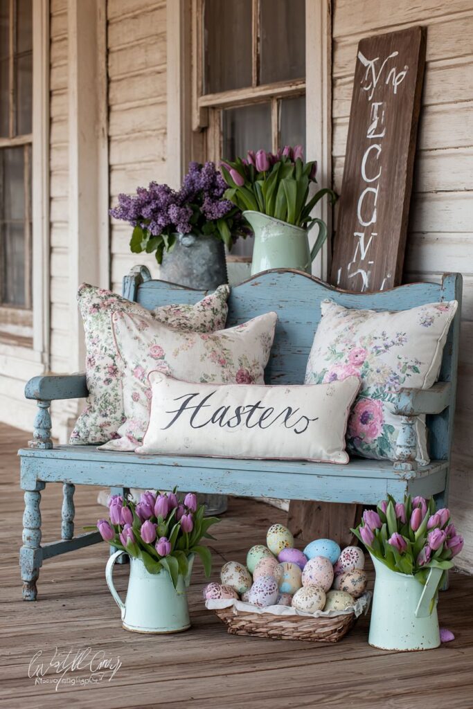 Vintage Blue Bench with Lilac Bouquets