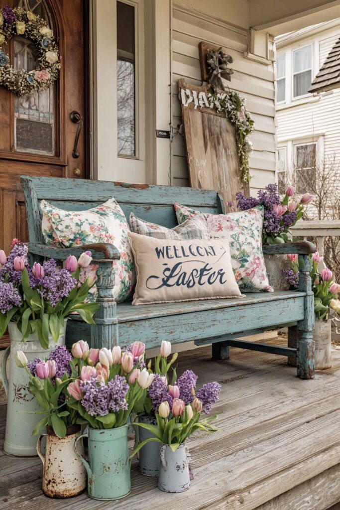 Vintage Blue Bench with Lilac Bouquets