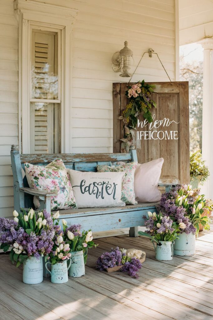 Vintage Blue Bench with Lilac Bouquets