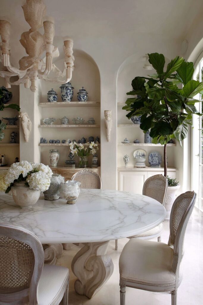 Round Marble with Cane-Back Chairs