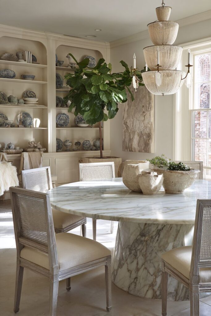 Round Marble with Cane-Back Chairs