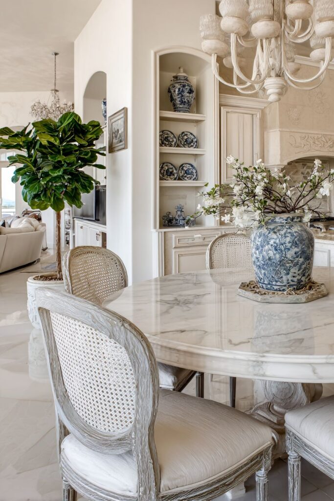 Round Marble with Cane-Back Chairs