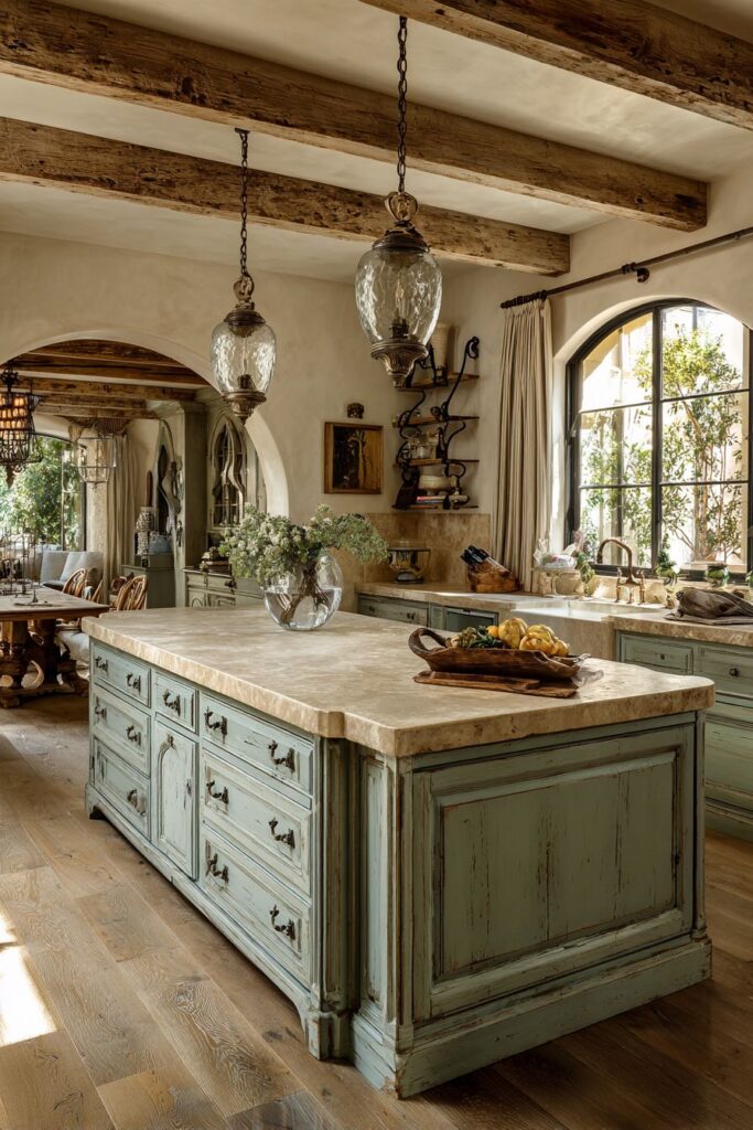 French Country Kitchen with Sage Green and Limestone Island