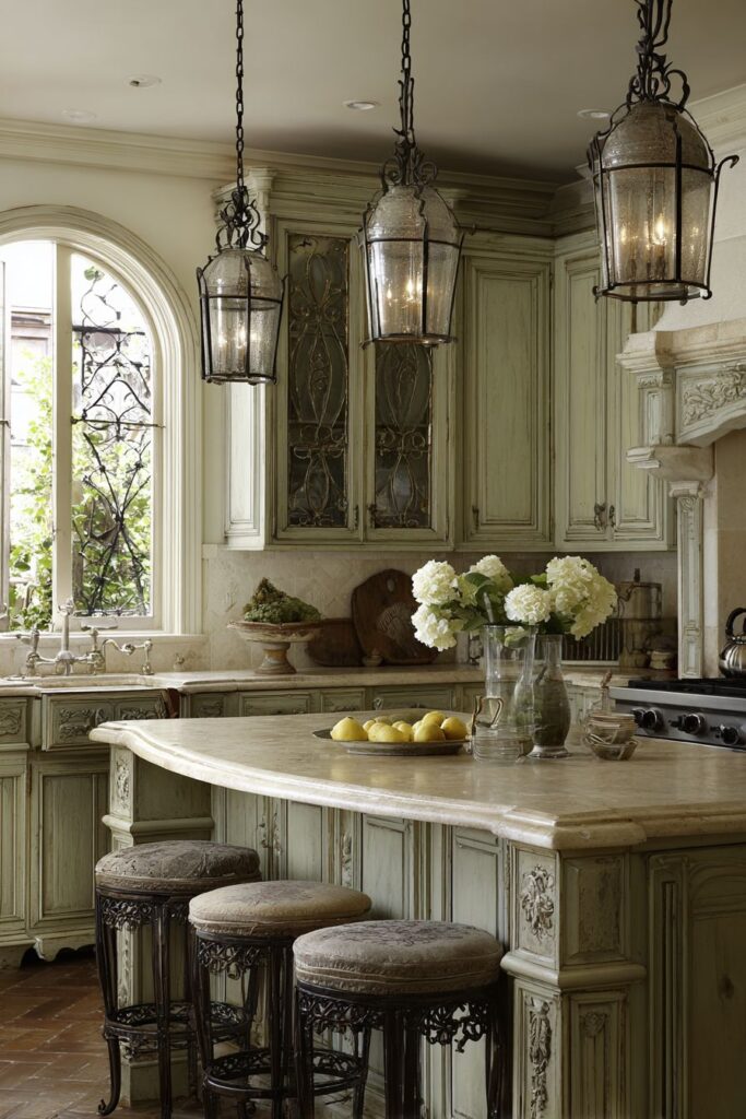 French Country Kitchen with Sage Green and Limestone Island