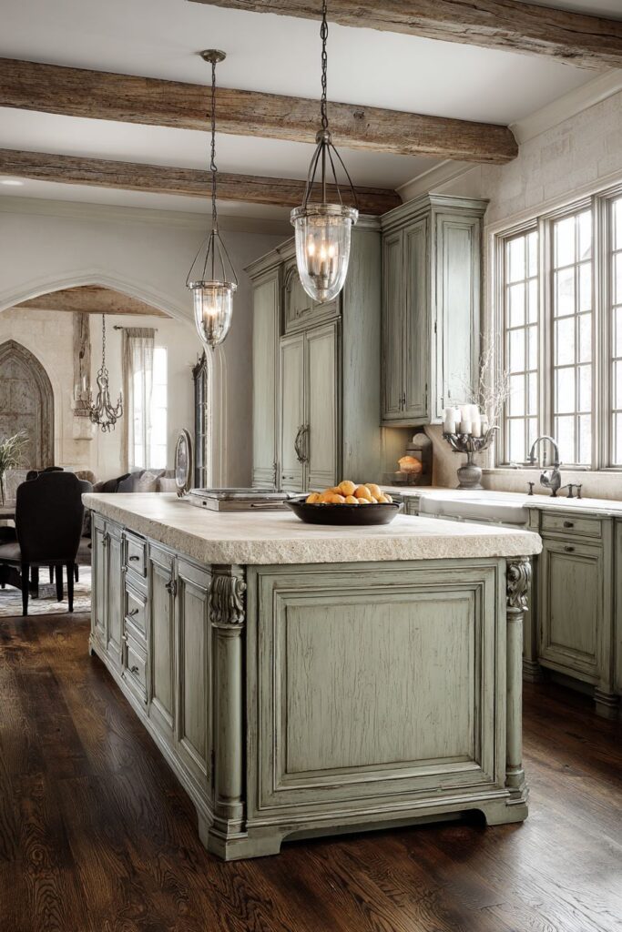 French Country Kitchen with Sage Green and Limestone Island