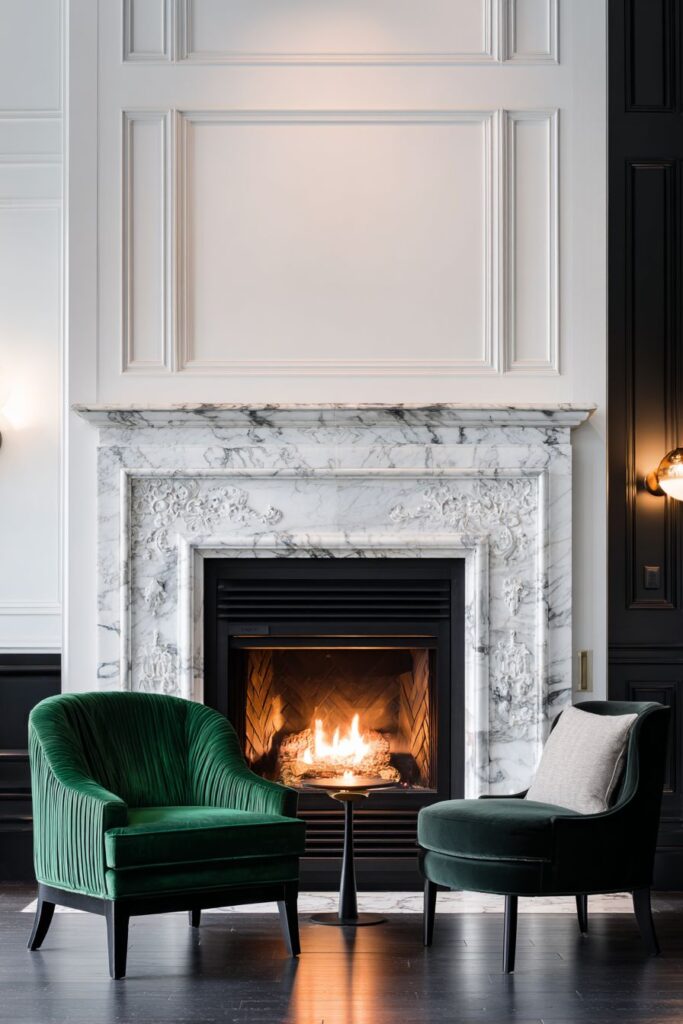 Grand Fireplace Fusion with Emerald Velvet Drama