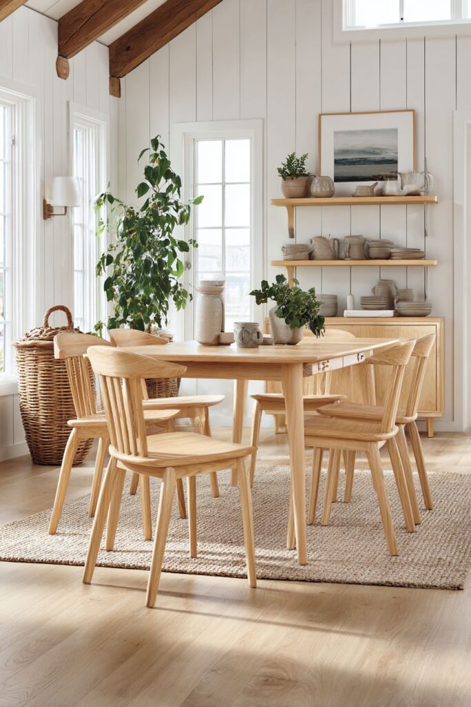 Vertical Wood Plank Feature Wall with Maple Pedestal Table