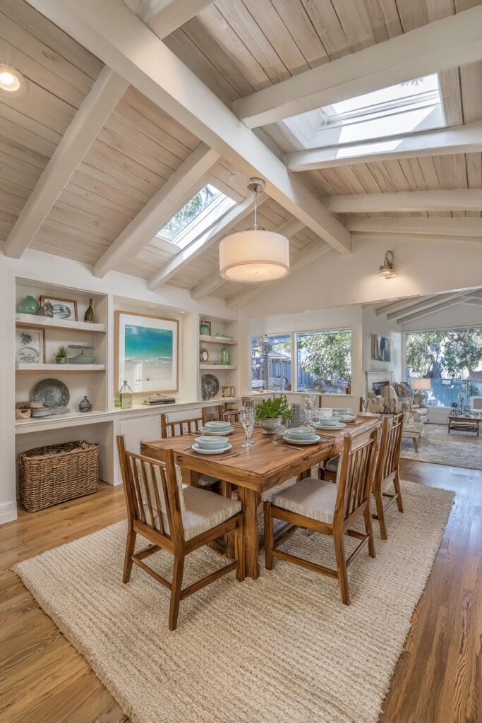 Vertical Wood Plank Feature Wall with Maple Pedestal Table