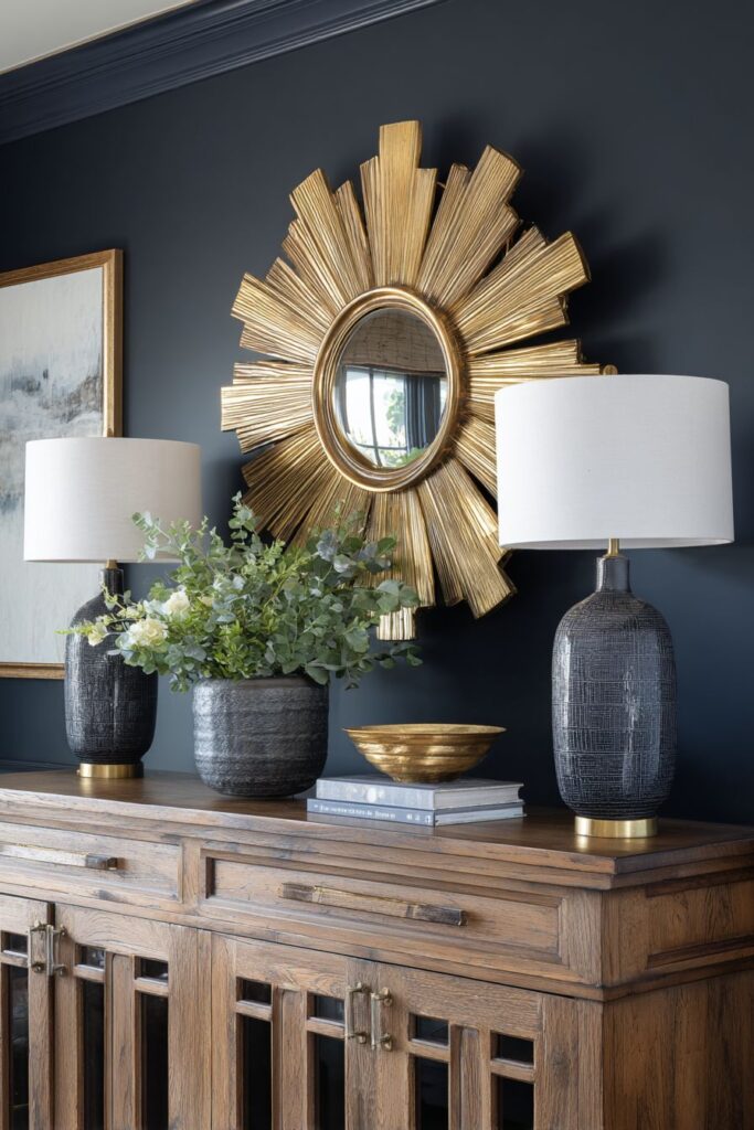 Dramatic Navy Blue Accent Wall with Gold Mirror
