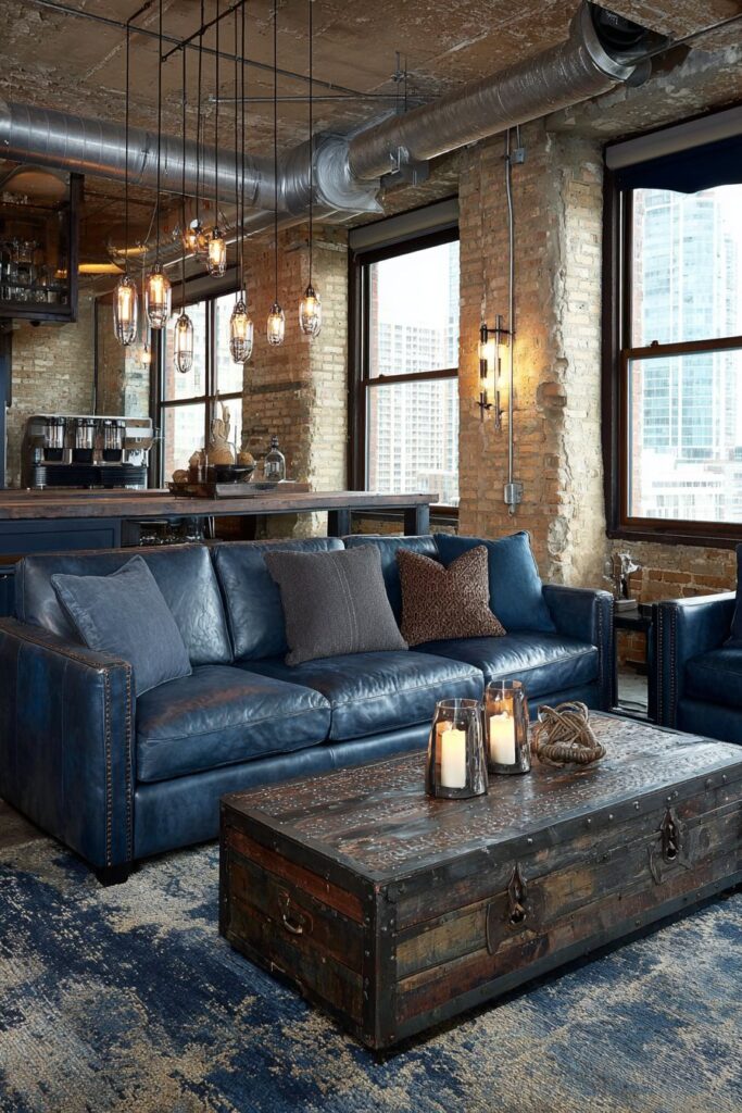 Industrial Edge: Blue Leather Meets Exposed Brick