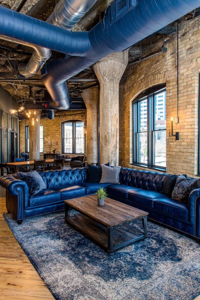 Industrial Edge: Blue Leather Meets Exposed Brick