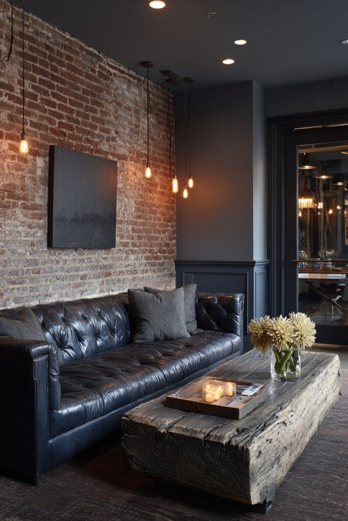 Industrial Edge: Blue Leather Meets Exposed Brick