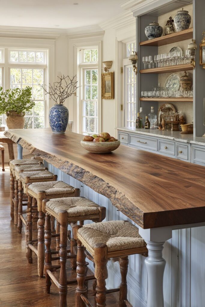 Reclaimed Chestnut Breakfast Bar with Rush Seats