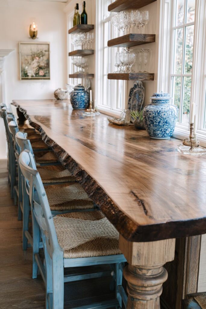 Reclaimed Chestnut Breakfast Bar with Rush Seats