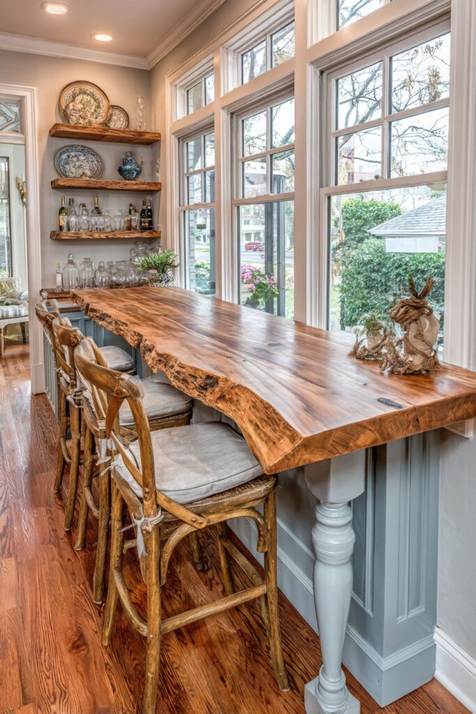 Reclaimed Chestnut Breakfast Bar with Rush Seats