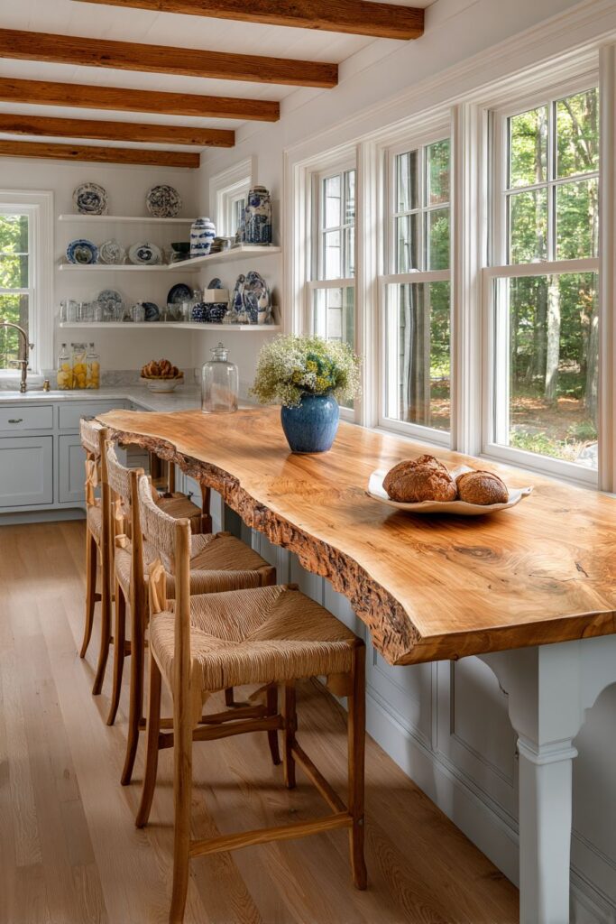 Reclaimed Chestnut Breakfast Bar with Rush Seats