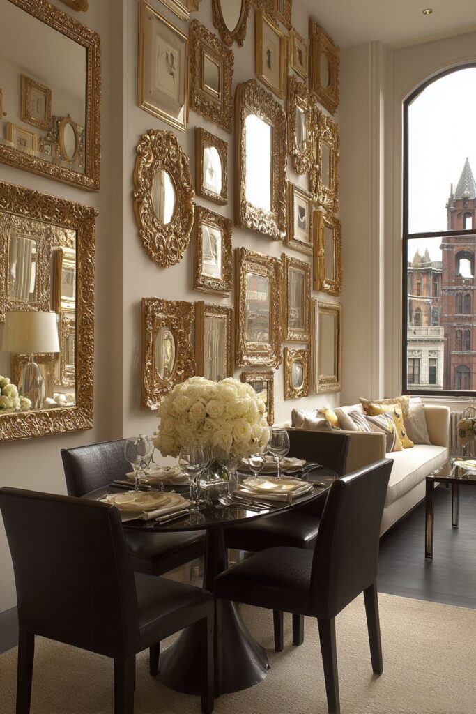 Gallery Wall of Gold-Framed Mirrors