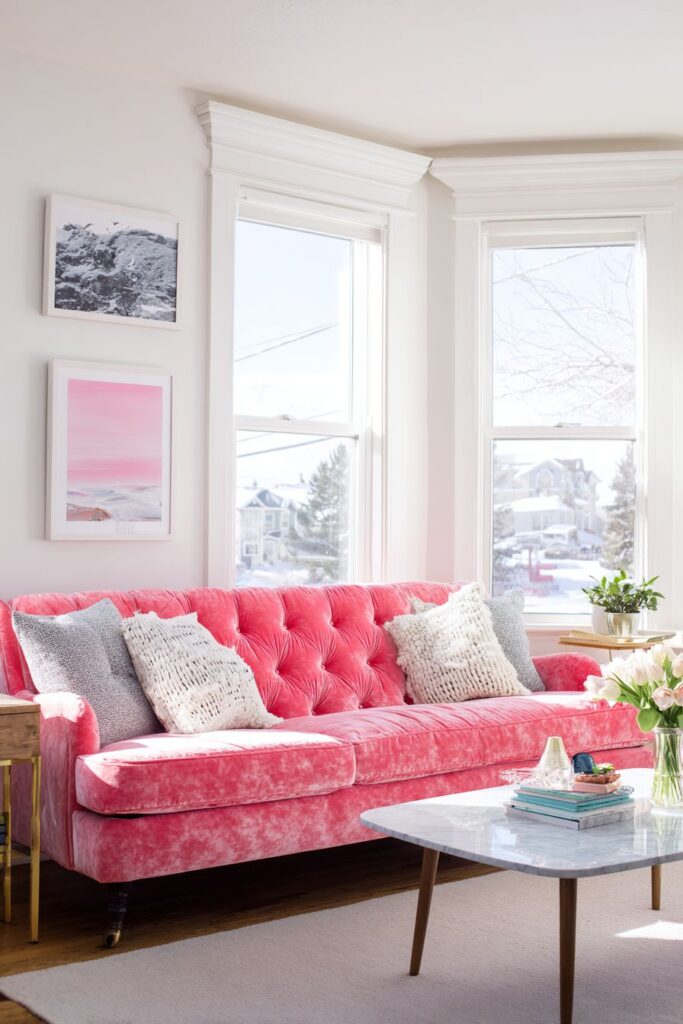 Balanced Pink Statement with Coral Velvet Sofa