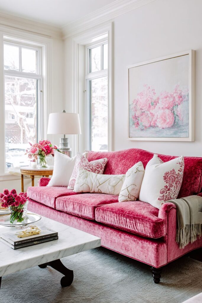 Balanced Pink Statement with Coral Velvet Sofa