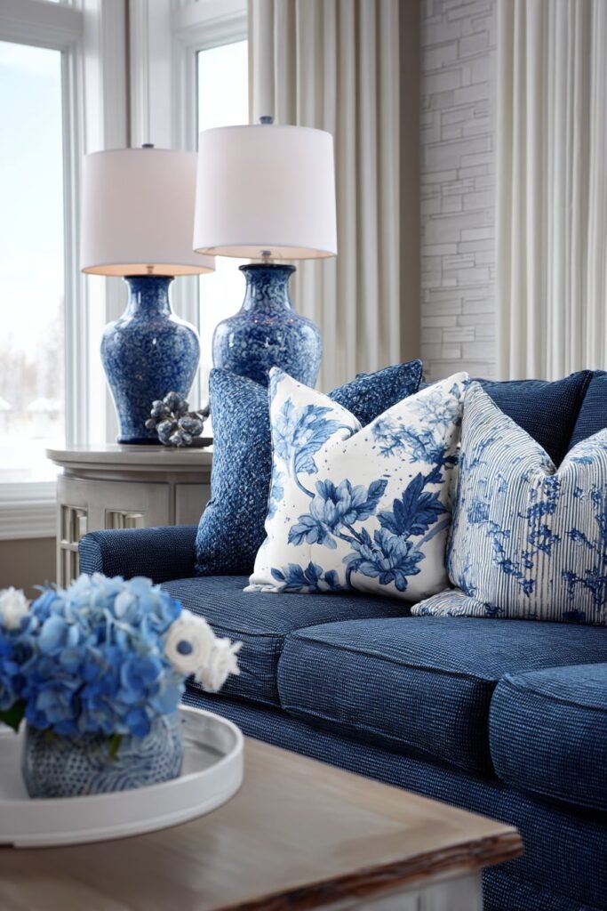 Textural White Brick and Navy Linen Contrast