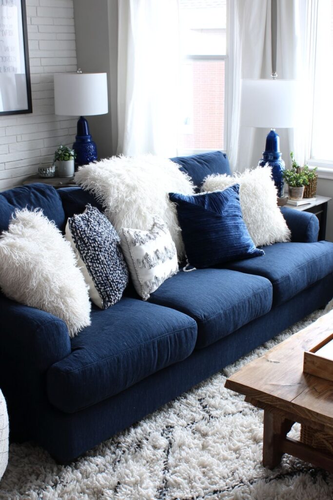 Textural White Brick and Navy Linen Contrast