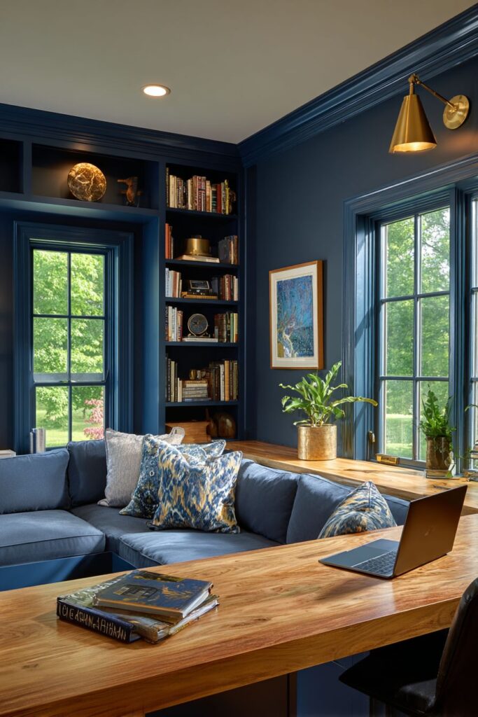 Dual Purpose Design: Navy Blue Workspace Integration