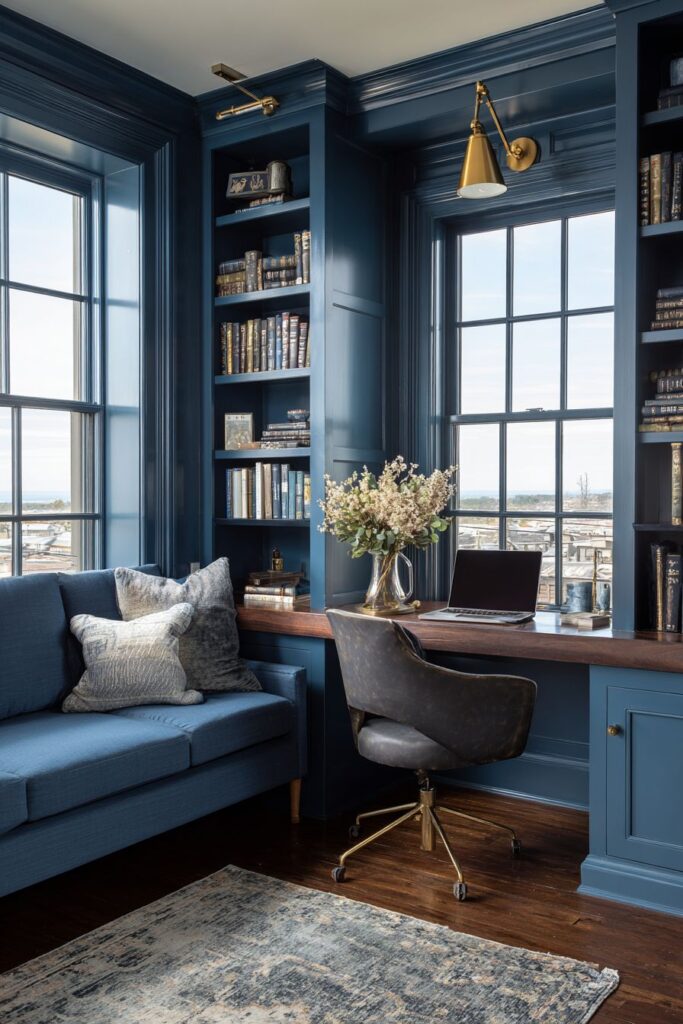 Dual Purpose Design: Navy Blue Workspace Integration
