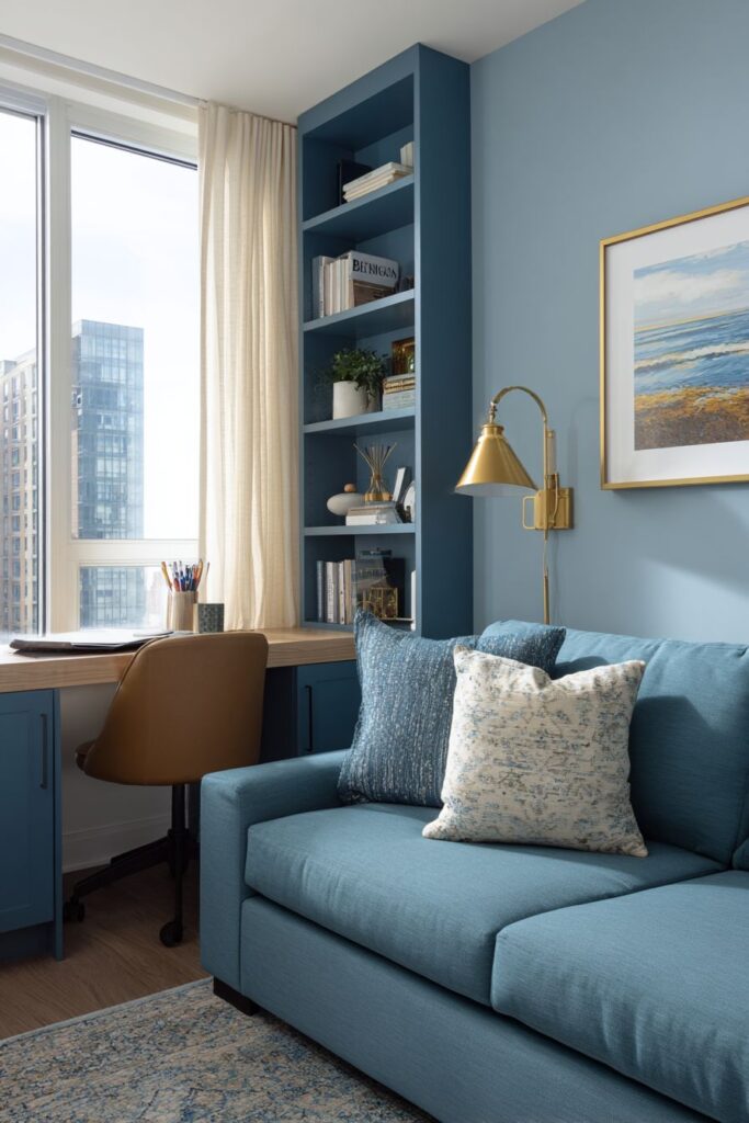 Dual Purpose Design: Navy Blue Workspace Integration