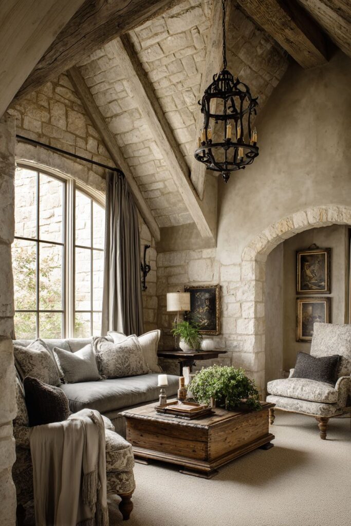 French Country Elegance with Distressed Wood and Limestone