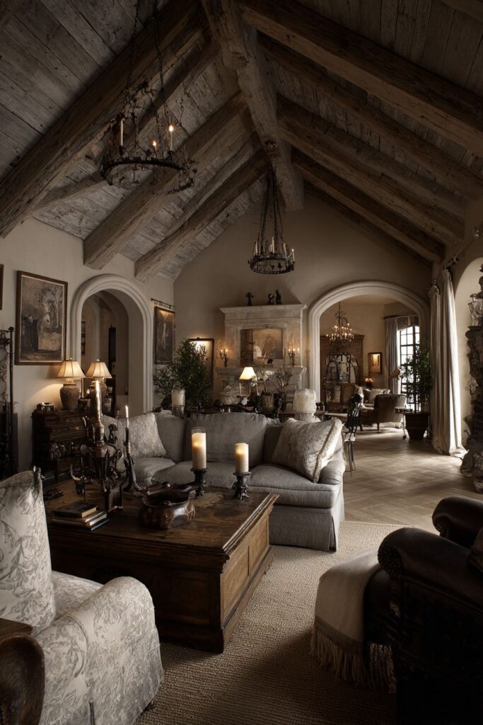 French Country Elegance with Distressed Wood and Limestone
