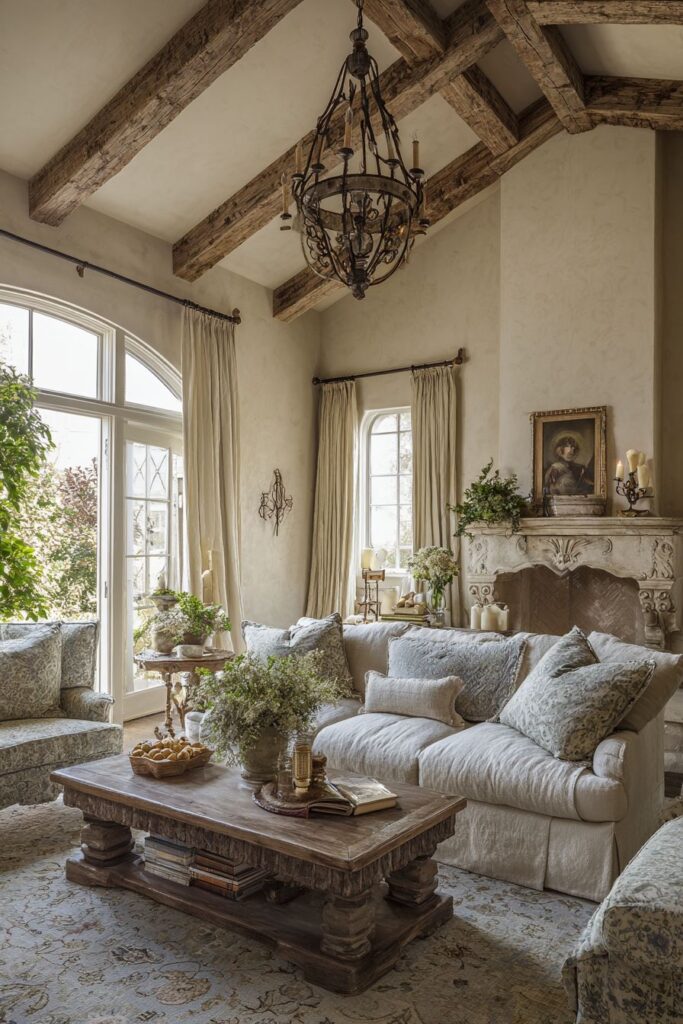 French Country Elegance with Distressed Wood and Limestone