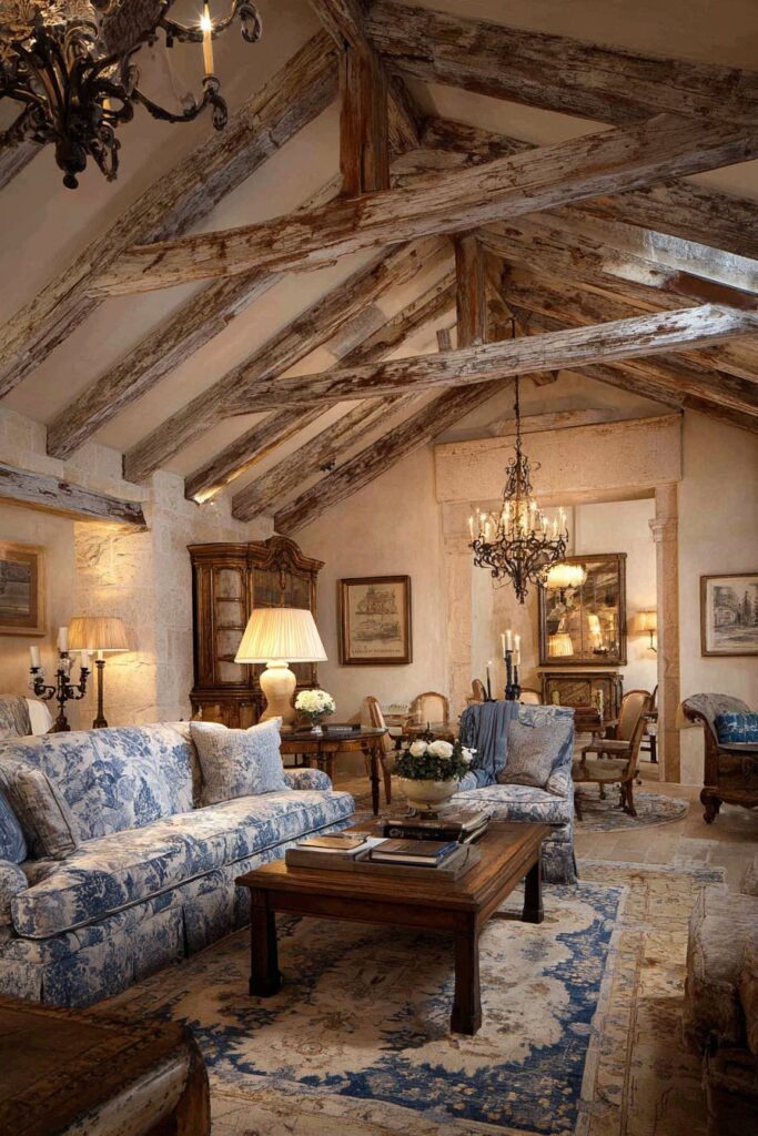 French Country Elegance with Distressed Wood and Limestone