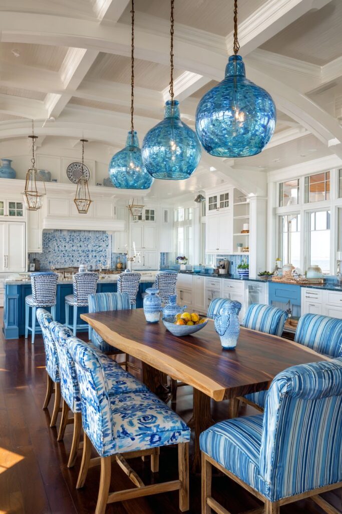 Open Concept Blue Kitchen and Dining Integration